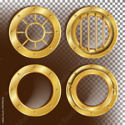 Golden Porthole Vector. Metal Window With Rivets. Bathyscaphe Ship Frame Design Element, Rocket. For Laboratory, Aircraft, Submarines. Isolated On Transparent Background Realistic Illustration