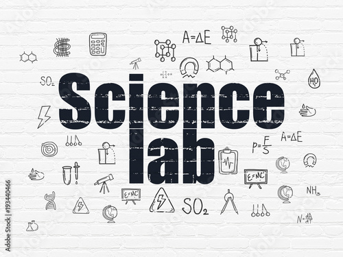 Science concept  Painted black text Science Lab on White Brick wall background with  Hand Drawn Science Icons