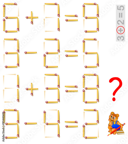 Logic puzzle. Find the only task where is possible to add one matchstick and make the equation correct. Vector image.