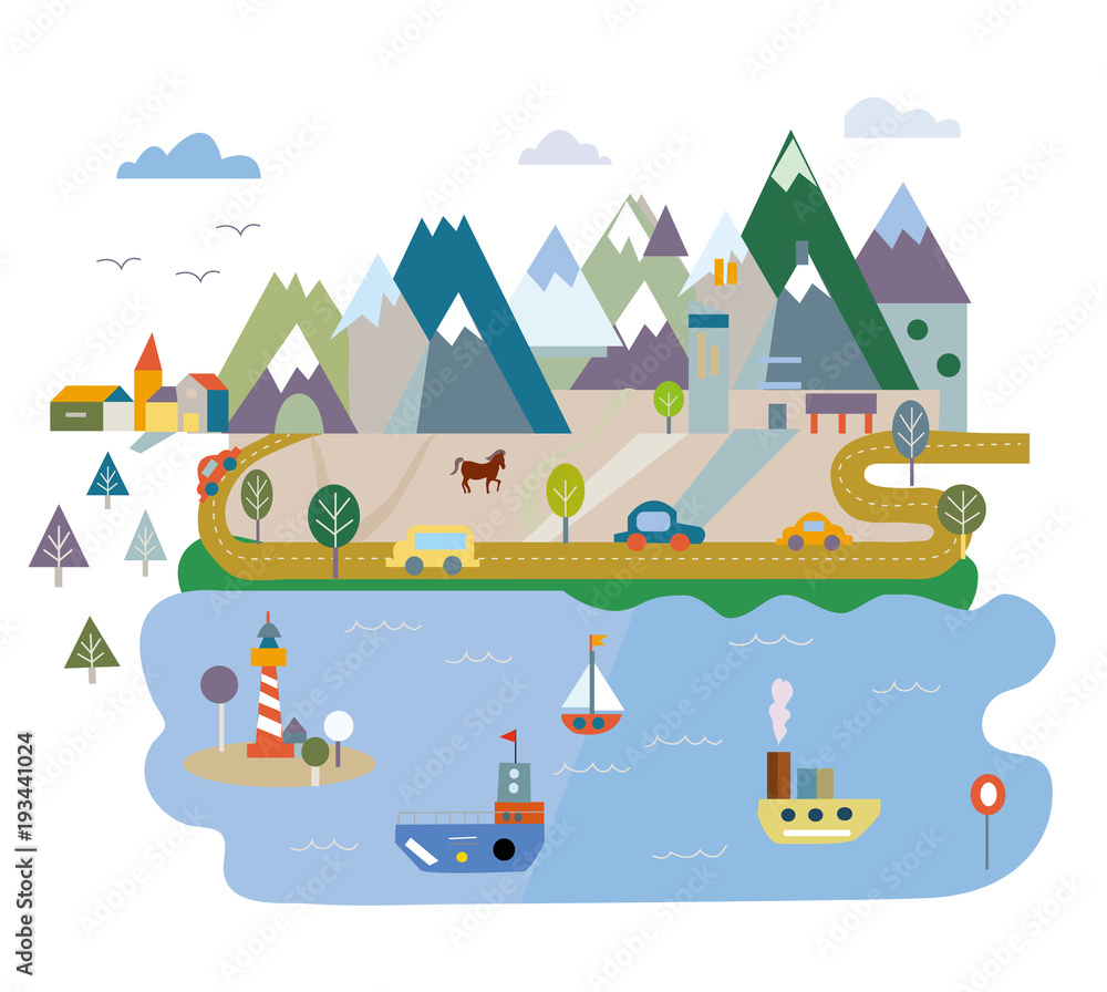 Tourism card with lake and mountains, vector graphic illustration, flat style