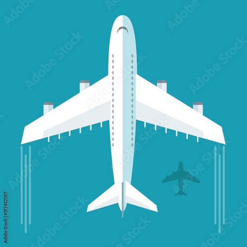 Plane or airplane in the sky vector illustration in flat style. Icon White, flying plane, top view.