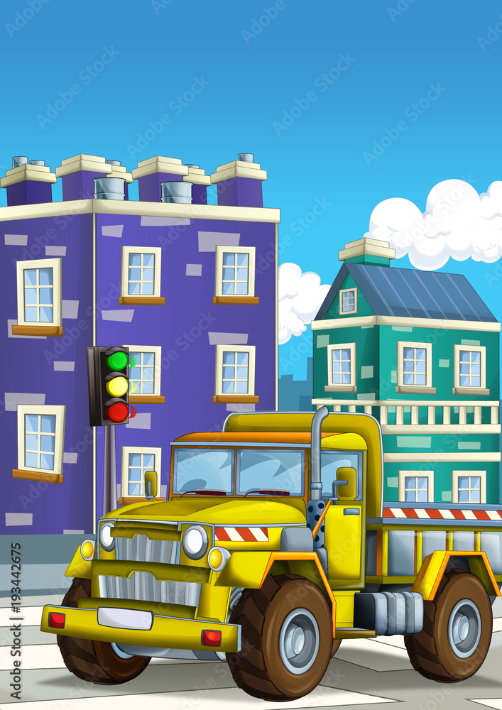 Fototapeta kreskówka samochód budowlany na ulicy w mieście - ilustracja dla dzieci