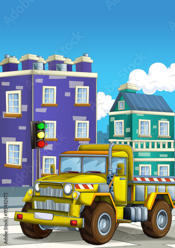 cartoon construction site car on the street in the city - illustration for children © honeyflavour