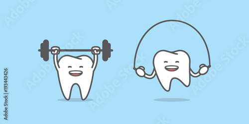 Tooth character workout illustration vector on blue background. Dental concept.