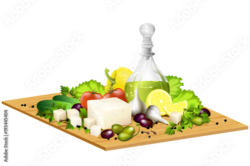 Feta cheese or brynza on wooden board with fresh vegetables and bottle of olive oil for salad. Hand drawn vector illustration isolated on white background. photo