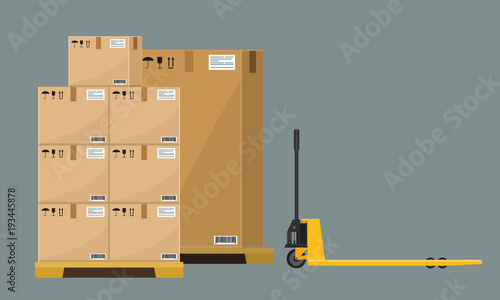Different Boxes on wooded pallet vector illustration, flat and solid style warehouse cardboard parcel boxes stack front view.