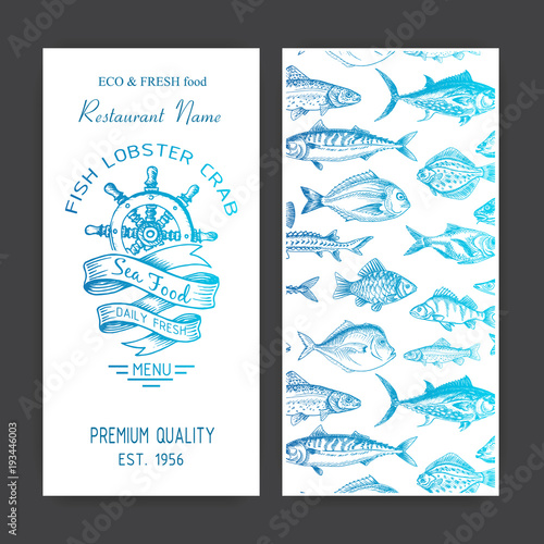 Vector illustration sketch - logo seafood. Restaurant menu.