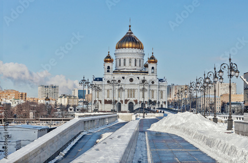 Moscow, Russia - February 22, 2018: Facade of Cathedral of Christ the Saviour in Moscow at sunny winter morning.
