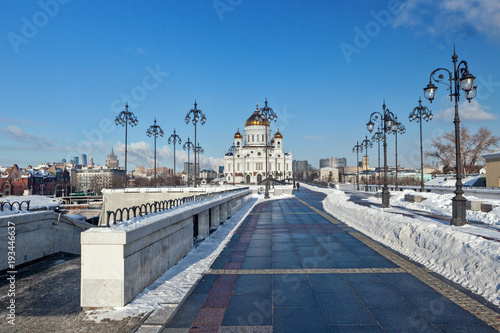 Moscow, Russia - February 22, 2018: Facade of Cathedral of Christ the Saviour in Moscow at sunny winter morning.