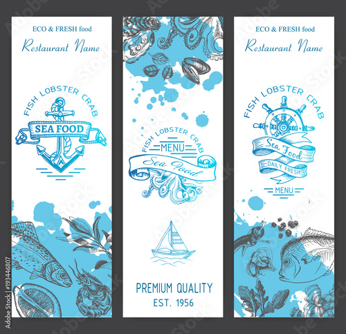 Vector illustration sketch - logo seafood. Card Menu restaurant.
