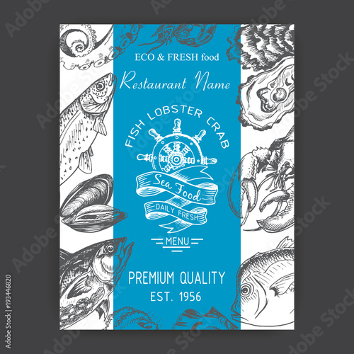Vector illustration sketch - logo seafood. Card Menu restaurant.
