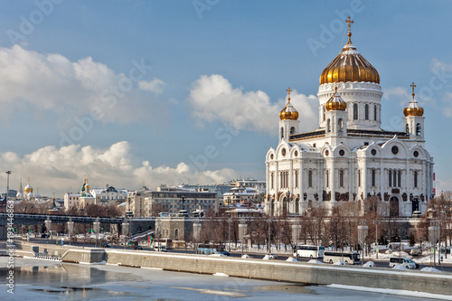 Moscow, Russia - February 22, 2018: Facade of Cathedral of Christ the Saviour in Moscow at sunny winter morning.