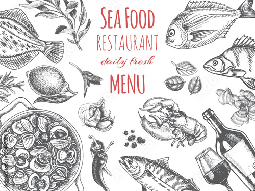Vector illustration sketch - seafood. Card Menu restaurant. vintage design template  banner