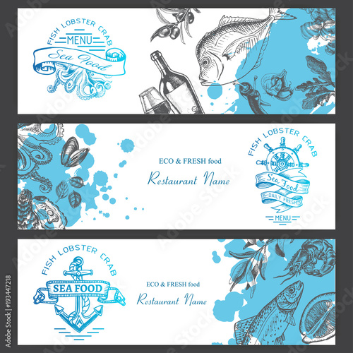 Vector illustration sketch - logo seafood. Card Menu restaurant.
