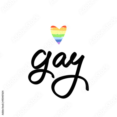 Handwritten word gay with rainbow heart.