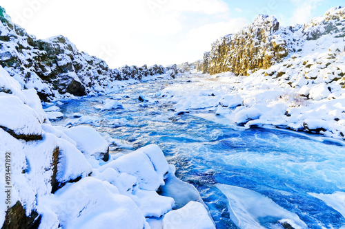View of the River Oxara in winter at Thingvellir National Park in Iceland.