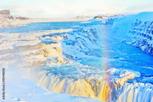Obraz na płótnie View of Gullfoss waterfall in winter, where is on the popular route of Golden Circle in southwest Iceland