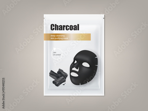 Vector cosmetic banner with 3d realistic package for charcoal anti-blackhead facial mask, isolated on background. Skincare, premium beauty product for face treatment. Mockup for packaging design