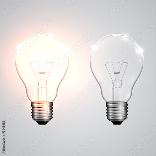 Realistic lightbulbs hanging and working, vector.