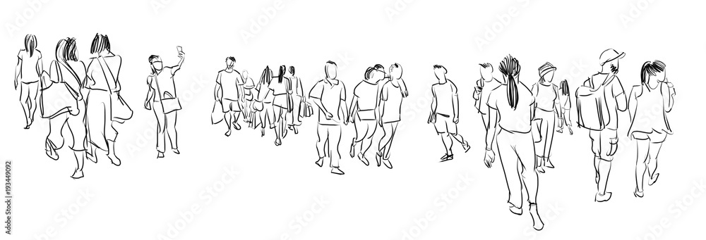group of people walking free hand sketch panorama view isolated on white background