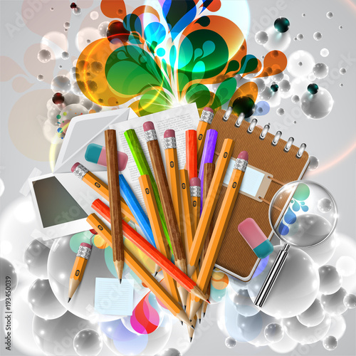 Office or school stuffs and items on white background, vector.