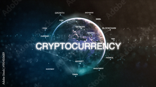 Technology earth from space word set with cryptocurrency in focus. Futuristic bitcoin crypto currency oriented words cloud 3D illustration. Crypto e-business keywords concept