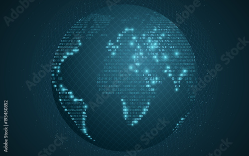World map from binary code. Abstract planet earth. Transparent pattern from the grid. Futuristic background. Computer programming code. Global network. Vector illustration