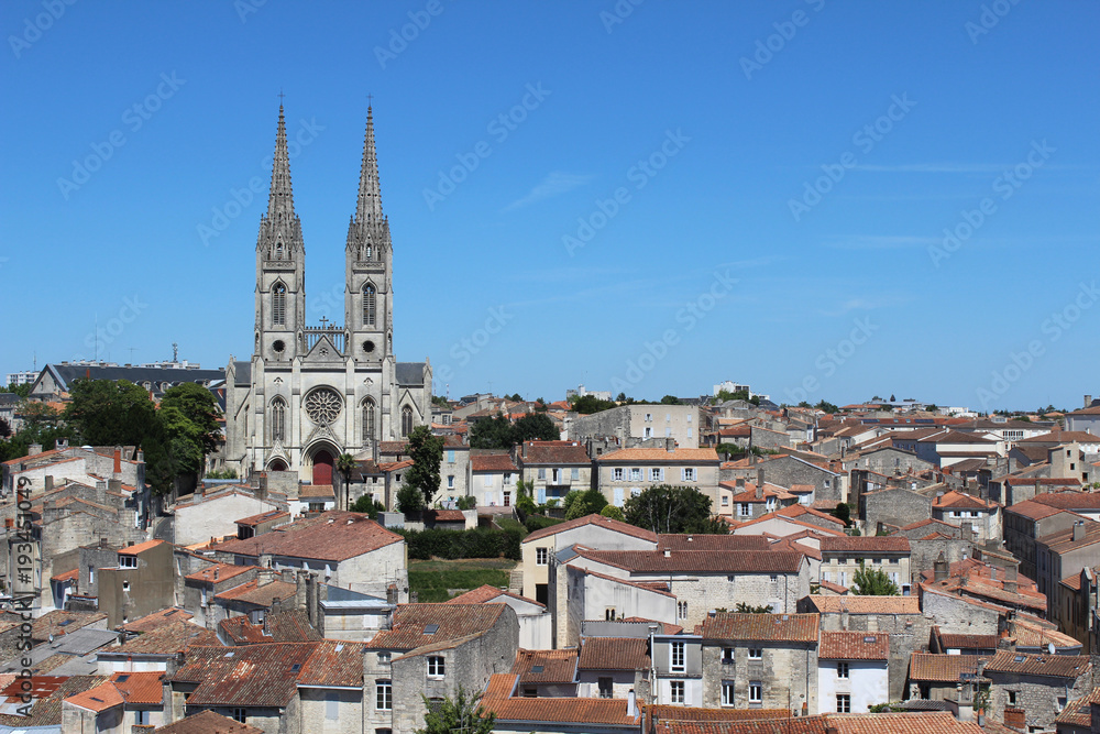 Rooftop view of the historic town of Niort and St Andre's church, in the Deux-Sèvres department in western France. 