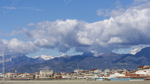 Viareggio and the Apuan Alps from the beach, Lucca, Tuscany, Italy