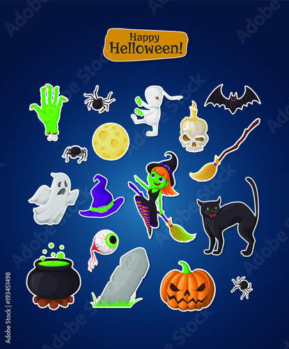 Set of halloween stickers. Holidays pictograms collection of pumpkin, ghost, magic hat, pot, potion, skull, zombie, witch, bat, spider, eye, grave, broom, moon, hand, black cat.