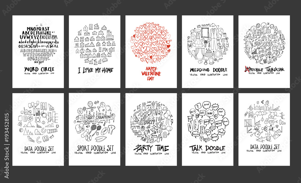 Set of doodles vector. Collection Font, Info, Sport, Party, Speech Bubble, Business, Valentine, House, wedding. circle form on a4 paper cover eps10