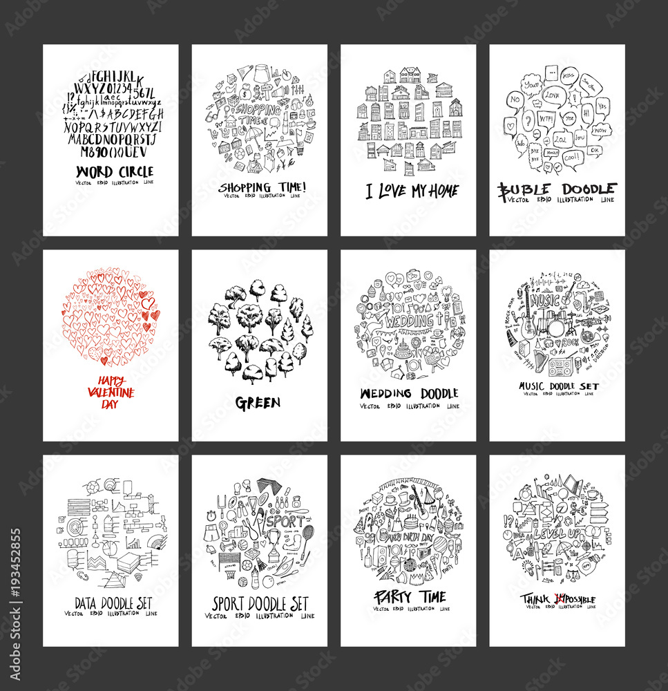 Fototapeta premium Set of doodles vector. Collection Font, Info, Sport, Party, Speech Bubble, Business, Valentine, House, Wedding, Tree, Music, Shopping. circle form on a4 paper cover eps10
