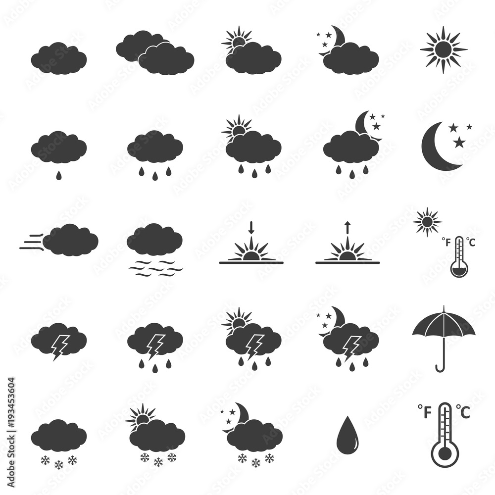 Weather Forecast set Icons. Flat vector illustration in black on white background Weather Forecast set Icons. Flat vector illustration in black on white background