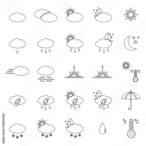 Weather Forecast set Icons. Flat vector illustration in black on white background