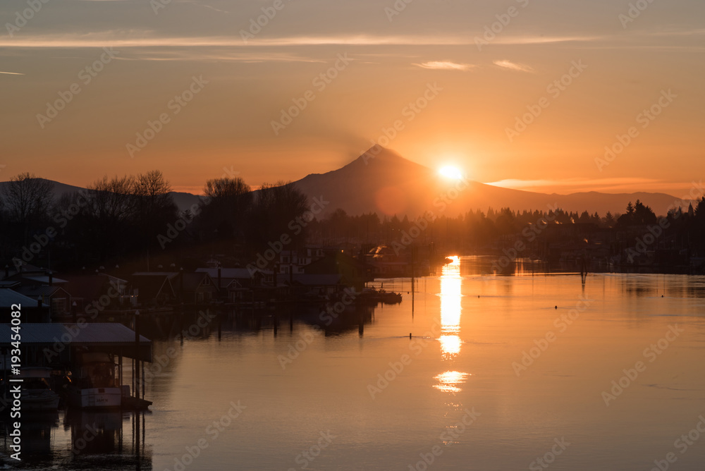 Sunrise reflections over Mt Hood and the Columbia River, Portland Oregon 
