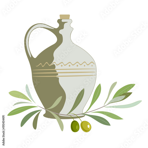Olive oil label or logo for farm store or market. Clay jug with extra virgin olive oil and olive branch with leaves and olives. Retro emblem organic olive oil vector illustration isolated on white.