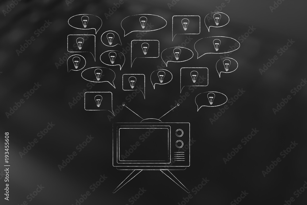 speech bubbles with light bulbs popping out of a television screen speech bubbles with light bulbs popping out of a television screen
