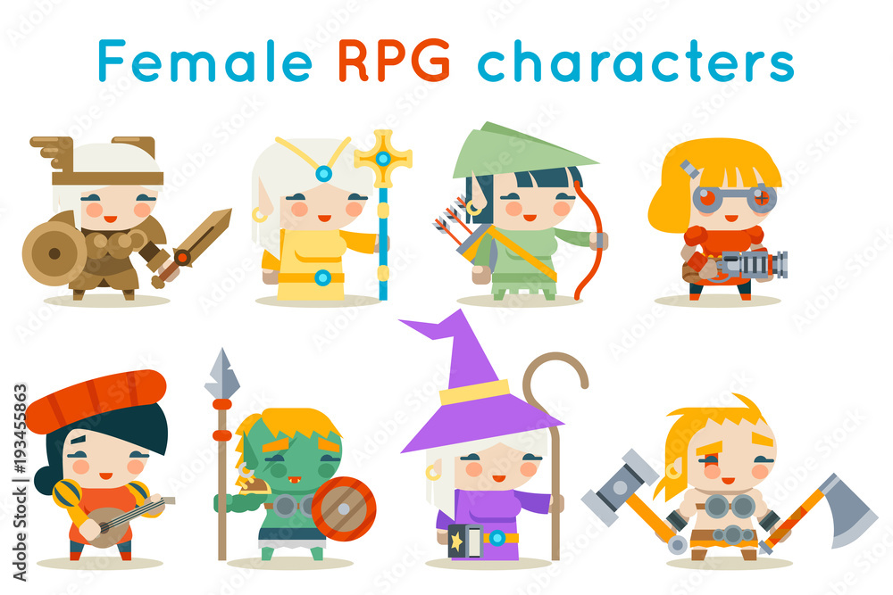 Fototapeta premium Cute female RPG characters fantasy game isolated icons set flat design vector illustration