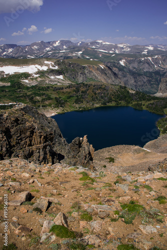 Deep blue lake in middle of mountain wilderness