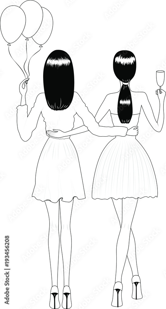 Fashion illustration. Girls at a party, two young beautiful women 