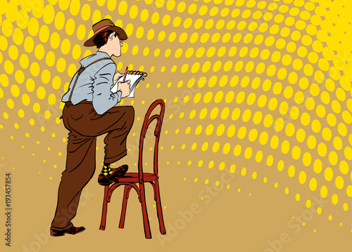 Journalist writes the text. Journalist interviewing somebody. Retro journalist.