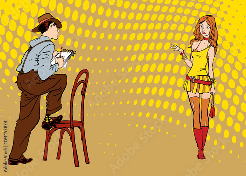 Journalist writes the text. Journalist interviewing a girl. Retro journalist.