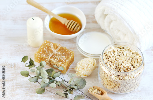 Natural Ingredients for Homemade Body Face Scrub Oat Honey Milk. Beauty Concept. SPA
