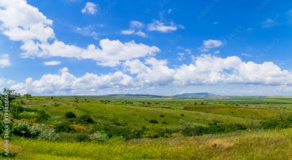 Summer landscape - flowering meadows and fields against a background of clouds Summer landscape - flowering meadows and fields against a background of clouds