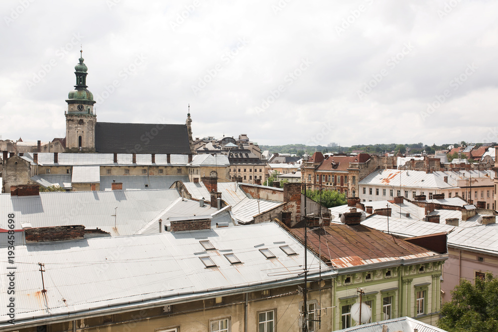 View from the height of the cathedral in the central part of Lvov from the observation deck