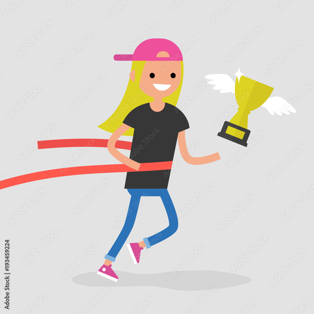 Young female running character crossing the finish line. Red ribbon. Race. Competition. Flat editable vector illustration, clip art