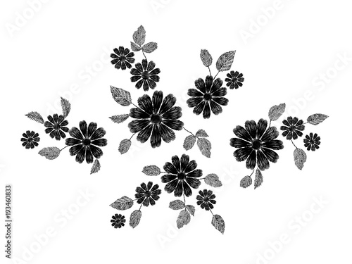 Embroidery white lace floral pattern small branches wild herb with little blue violet field flower. Ornate traditional folk fashion patch design neckline black background vector illustration