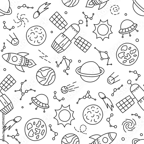 Cosmos. Seamless pattern in doodle and cartoon style. 