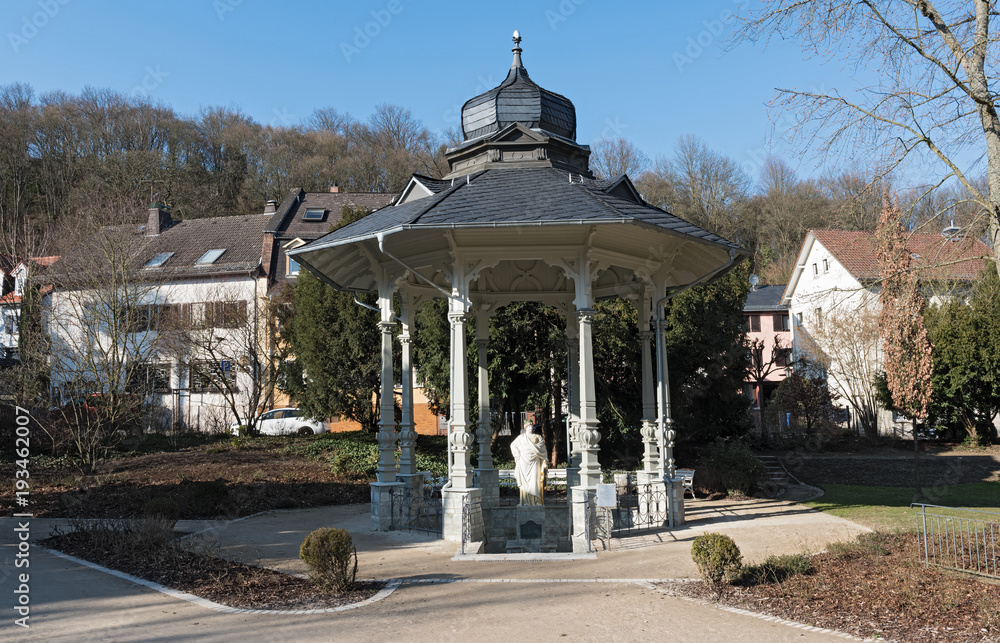 Sodenia pavilion with statue in the Quellenpark of Bad Soden am Taunus, Hesse, Germany