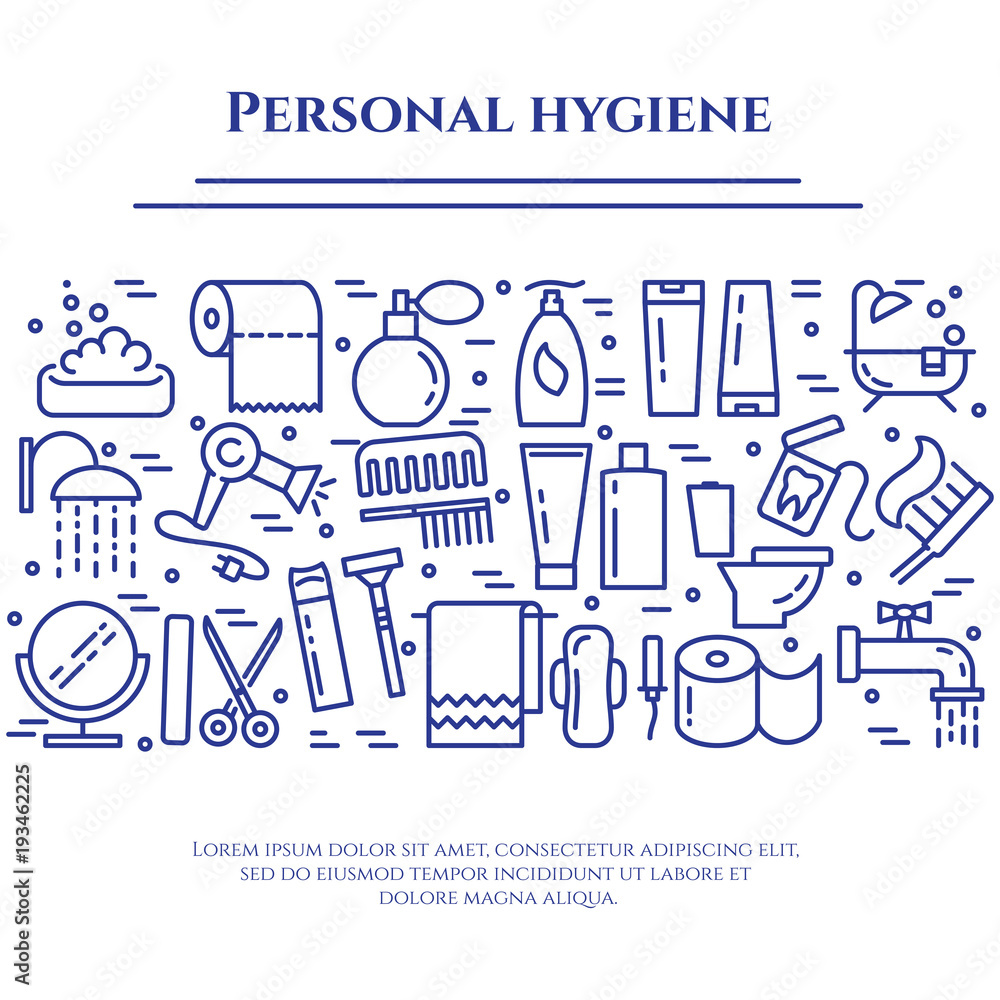 Personal hygiene blue line banner. Set of elements of shower, soap, bathroom, toilet, toothbrush and other cleaning pictograms. Line out. Simple silhouette. Editable stroke. Vector illustration Personal hygiene blue line banner. Set of elements of shower, soap, bathroom, toilet, toothbrush and other cleaning pictograms. Line out. Simple silhouette. Editable stroke. Vector illustration